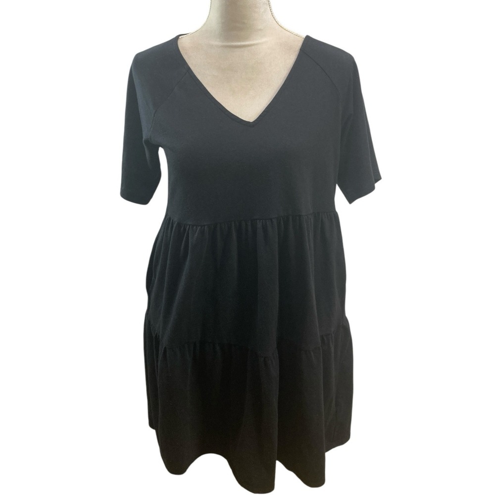 Gap Womens Short Sleeve V- Neck Dress‎ Swing Size S Black Ruched Tiered